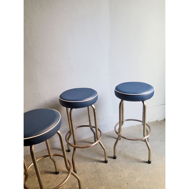 Vintage Blue leatherette in metal base high stools