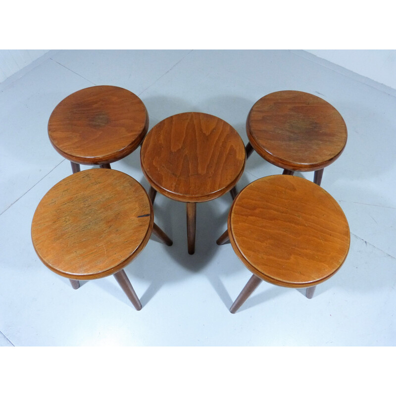 Set of 5 vintage in wooden stools 1940-50s