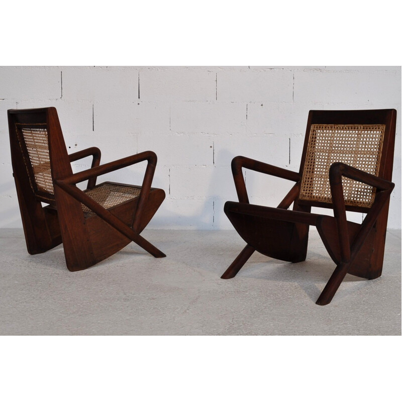 Vintage armchairs in teak and cane - 1950s