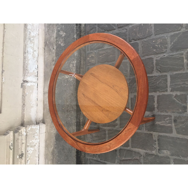 Table basse vintage ronde en verre et teck, 1960