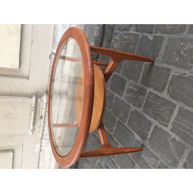 Table basse vintage ronde en verre et teck, 1960