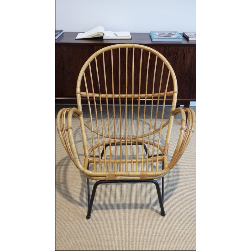 Scandinavian armchair in rattan, metal and sheepskin - 1950s