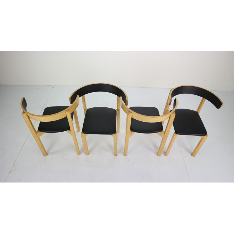 Set of 4 vintage chairs for Schiang Møbler in black leatherette and marple 1970