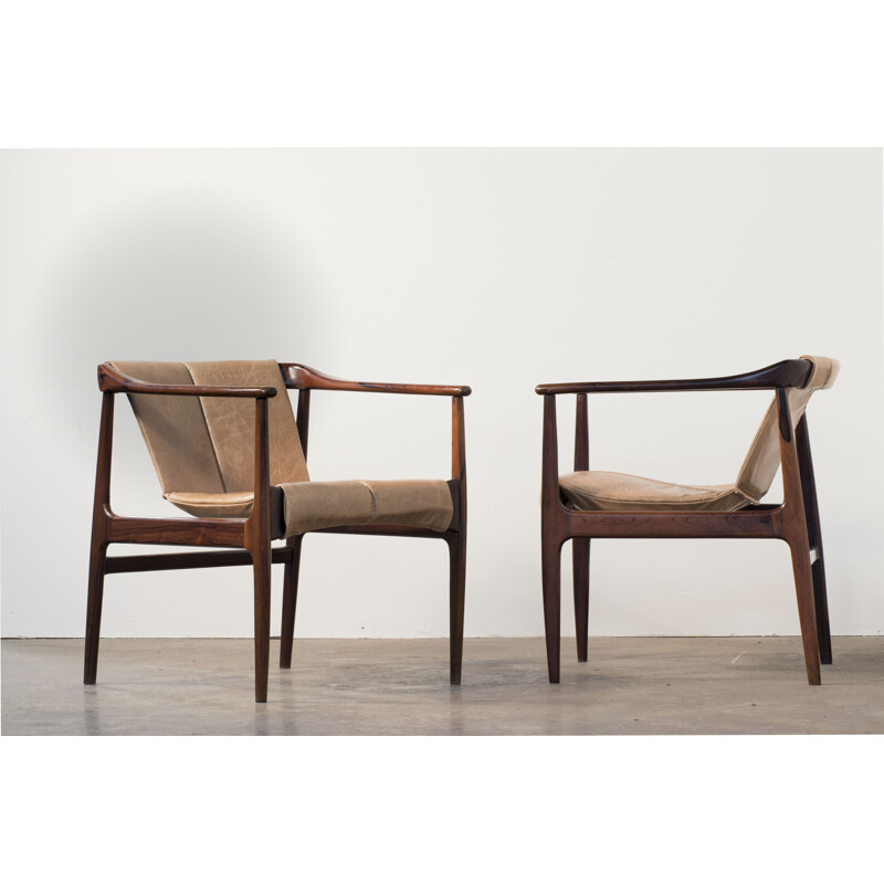 Pair of vintage brazilian armchairs in rosewood and beige leather 1950