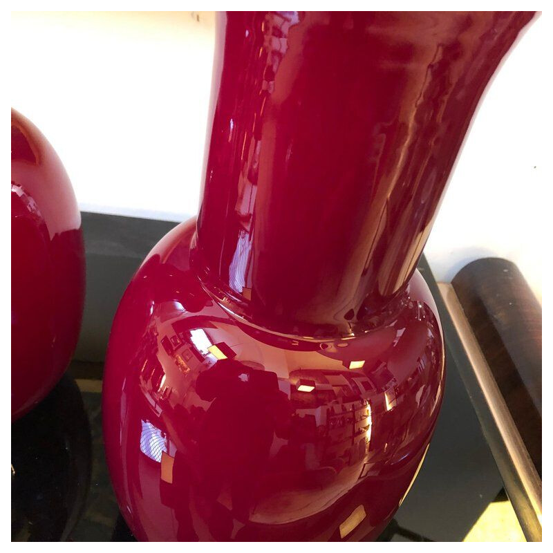 Set of 2 vintage red vases in Murano glass by Toso