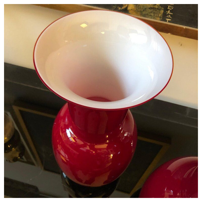 Ensemble de 2 vases vintage rouges en verre de Murano par Toso