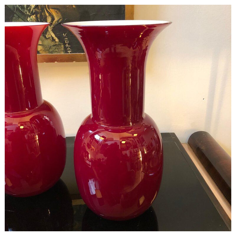 Set of 2 vintage red vases in Murano glass by Toso