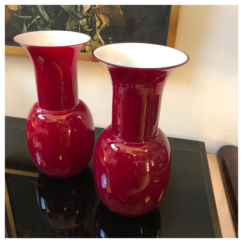 Set of 2 vintage red vases in Murano glass by Toso