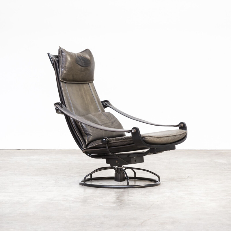 Vintatge swivel armchair for Nelo in leather and metal 1970