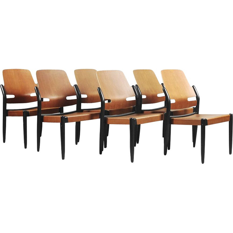 Set of 6 vintage chairs Mahogeny Plywood 8053B Åkerbloms by Gunnar Eklöf, 1950s, 