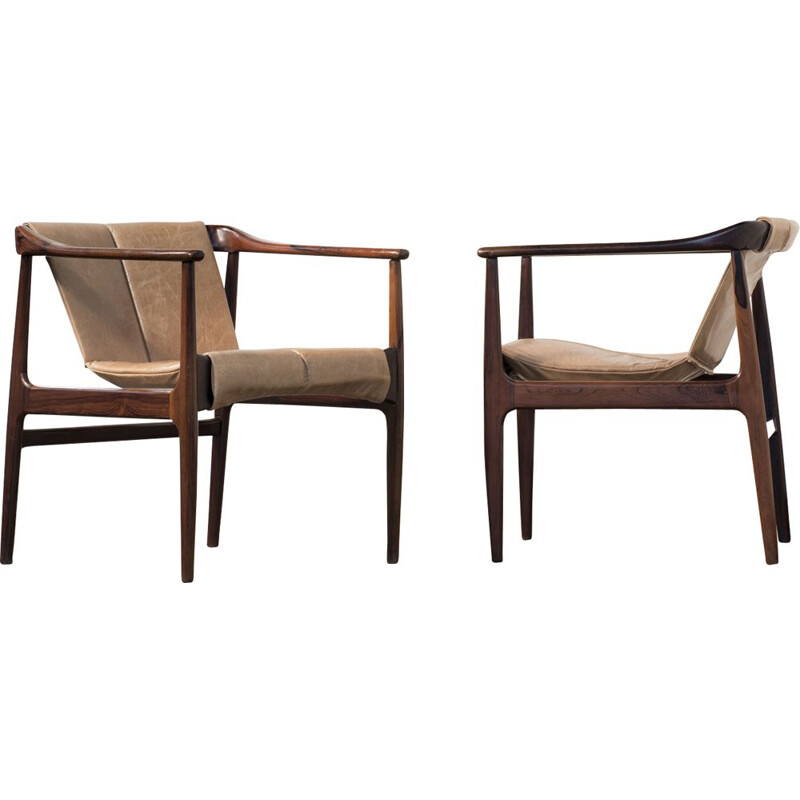 Pair of vintage brazilian armchairs in rosewood and beige leather 1950