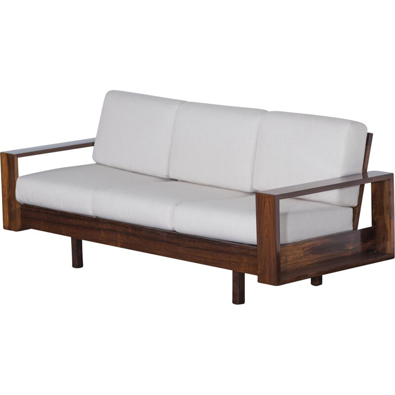 Vintage Brazilian sofa for FAI in white linen and rosewood 1950
