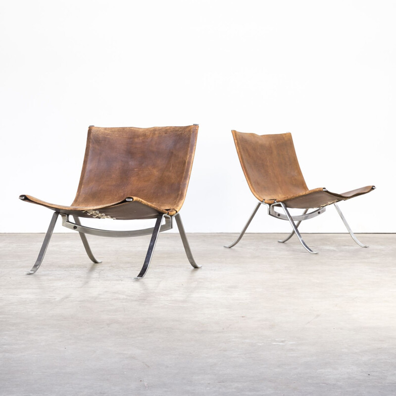 Pair of vintage armchairs for Arnold in metal and brown leather 1970