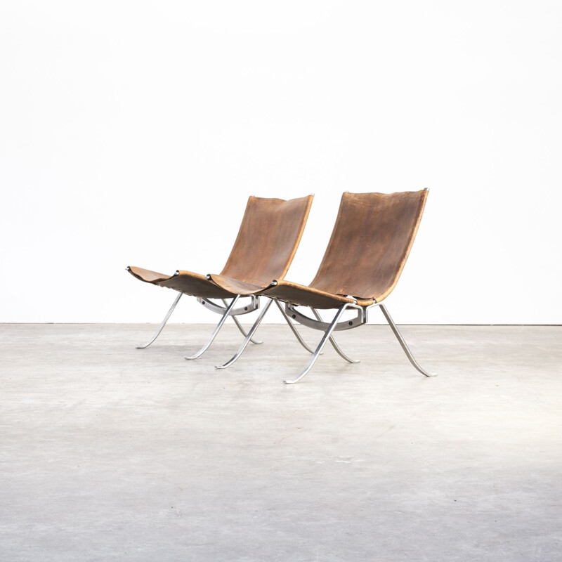 Pair of vintage armchairs for Arnold in metal and brown leather 1970