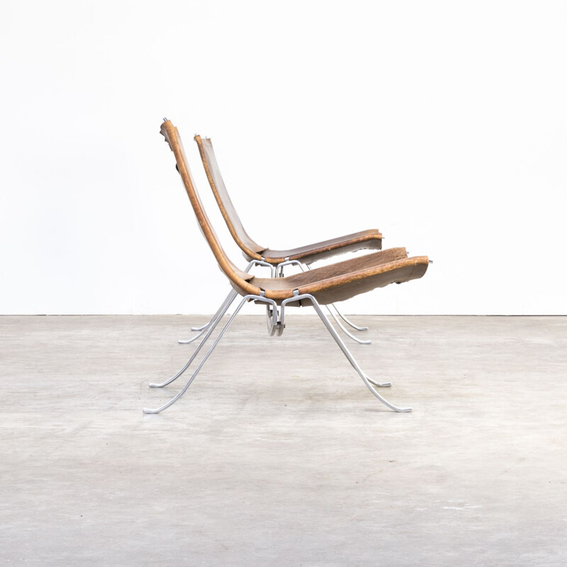 Pair of vintage armchairs for Arnold in metal and brown leather 1970