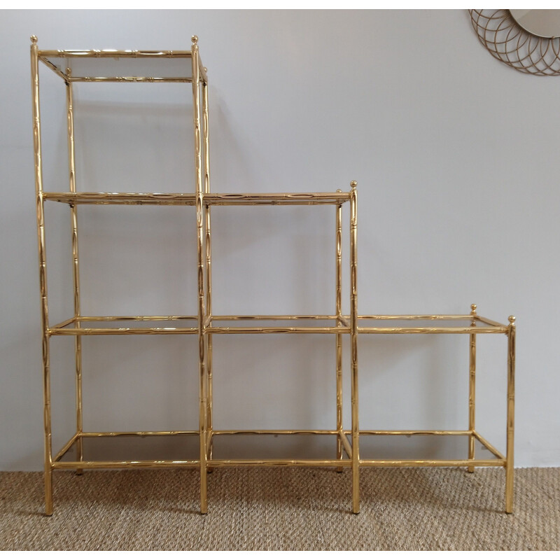Vintage imitation-bamboo library in gold metal and glass 1980
