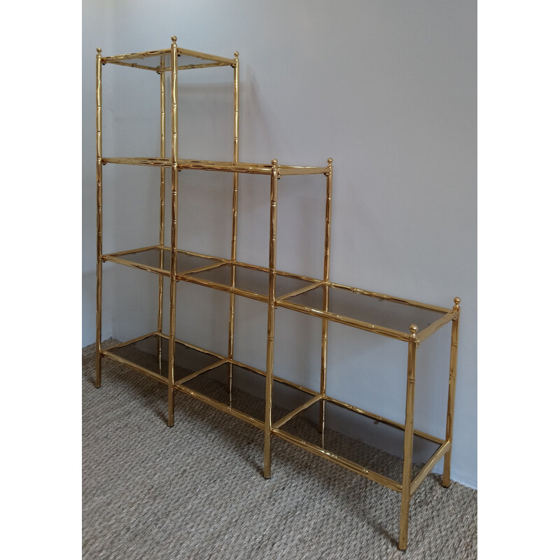 Vintage imitation-bamboo library in gold metal and glass 1980