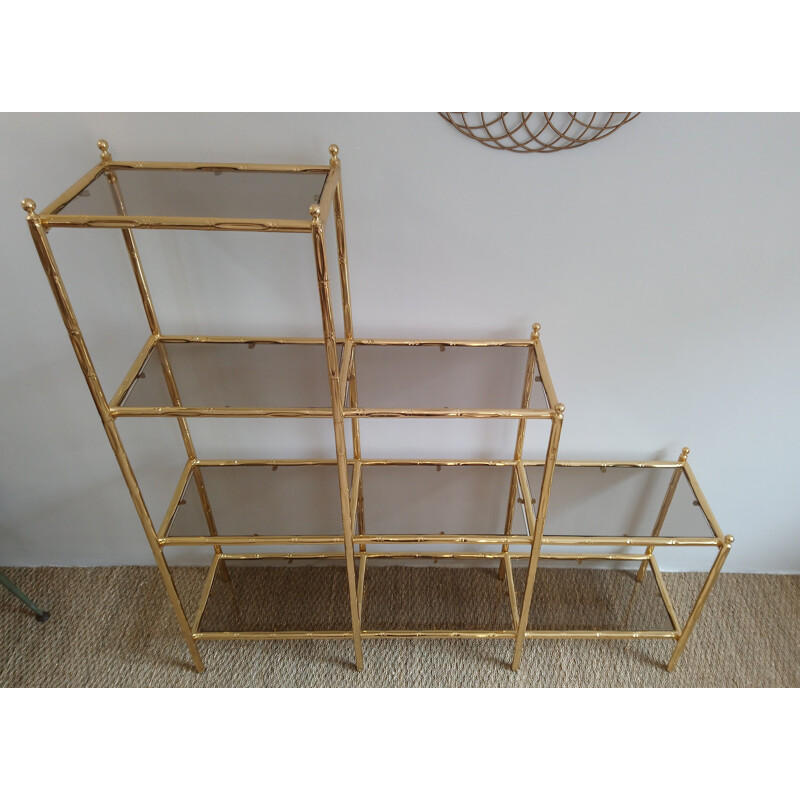 Vintage imitation-bamboo library in gold metal and glass 1980