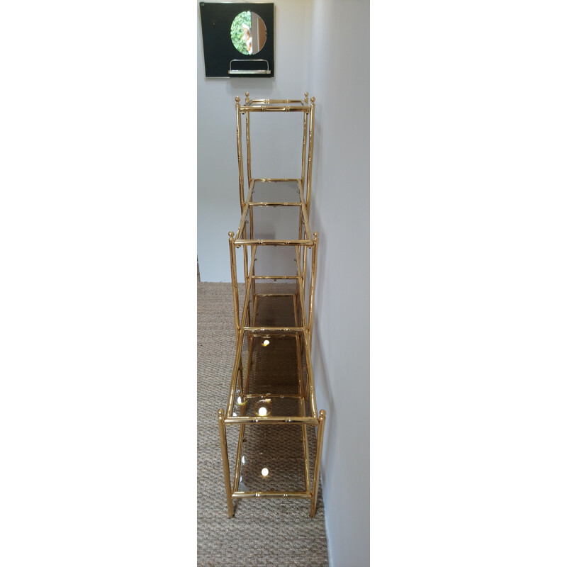 Vintage imitation-bamboo library in gold metal and glass 1980