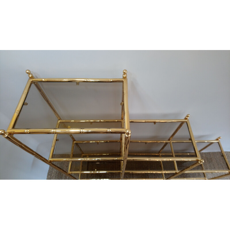 Vintage imitation-bamboo library in gold metal and glass 1980