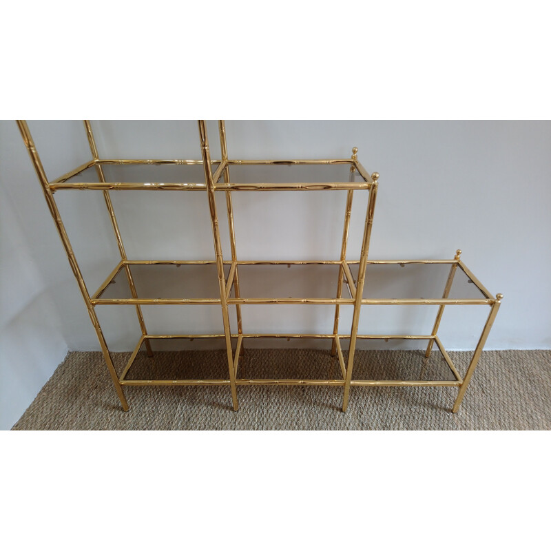 Vintage imitation-bamboo library in gold metal and glass 1980