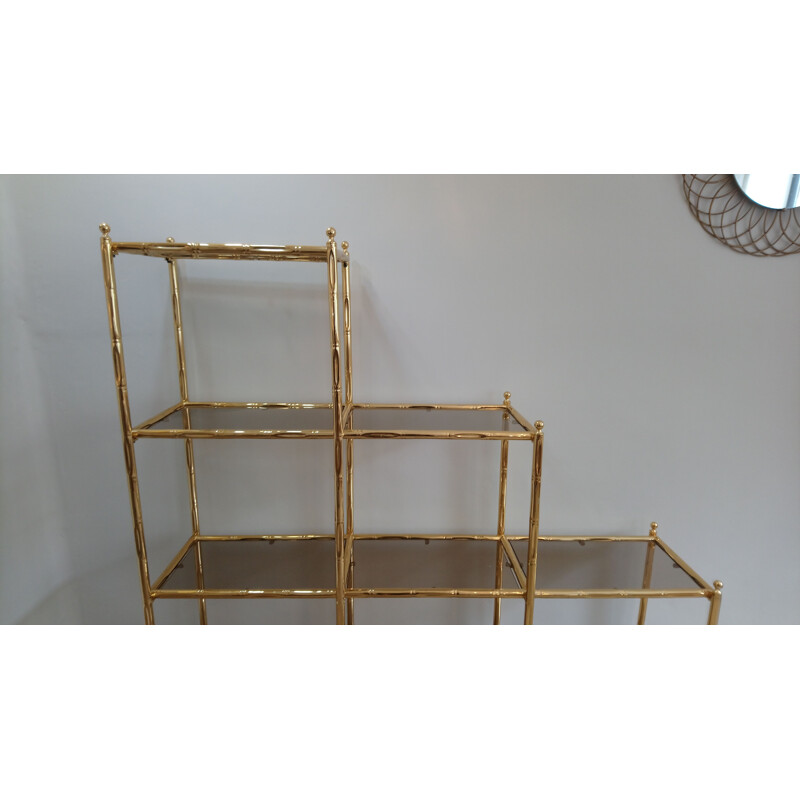 Vintage imitation-bamboo library in gold metal and glass 1980