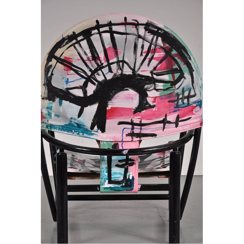 Sillón Vintage Hoop con asiento de madera negra y cuero multicolor de Germa, Italia1970