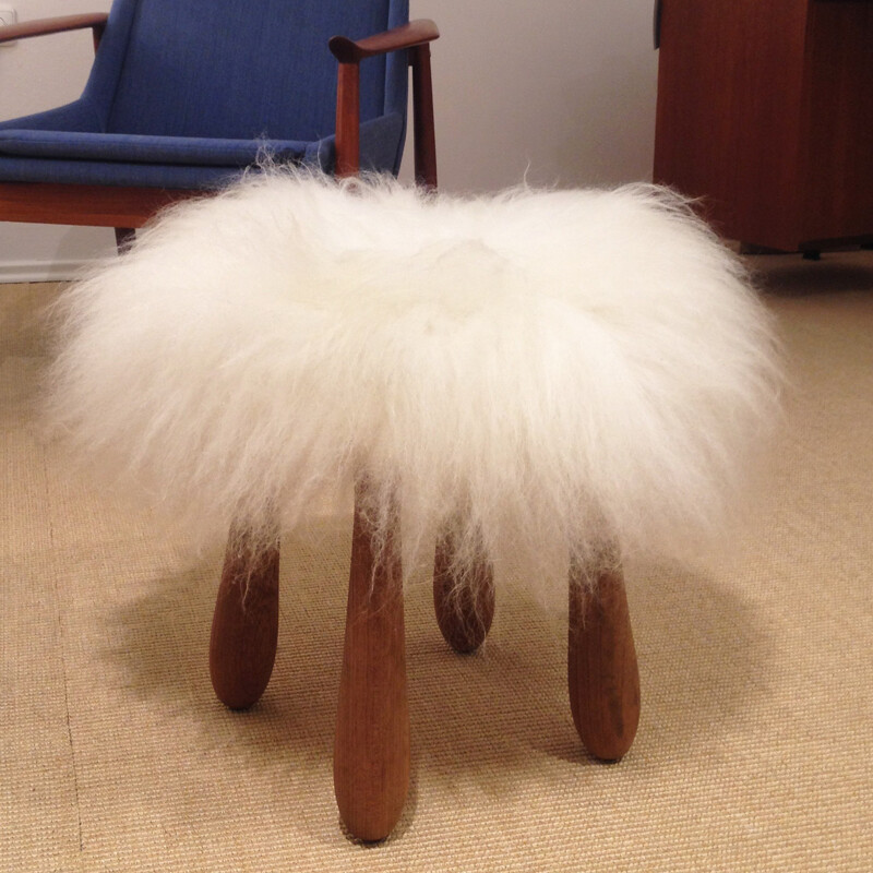 Scandinavian stool in teak and sheepskin - 1940s