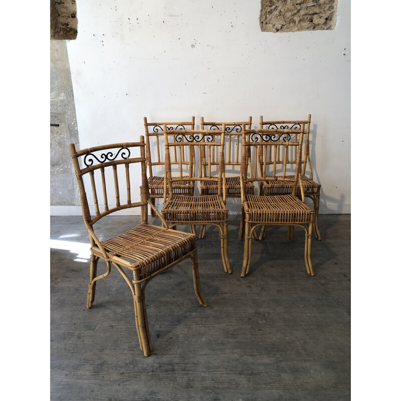 Set of 6 vintage chairs wicker and metal 