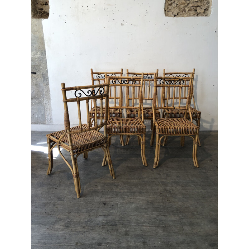 Set of 6 vintage chairs wicker and metal 