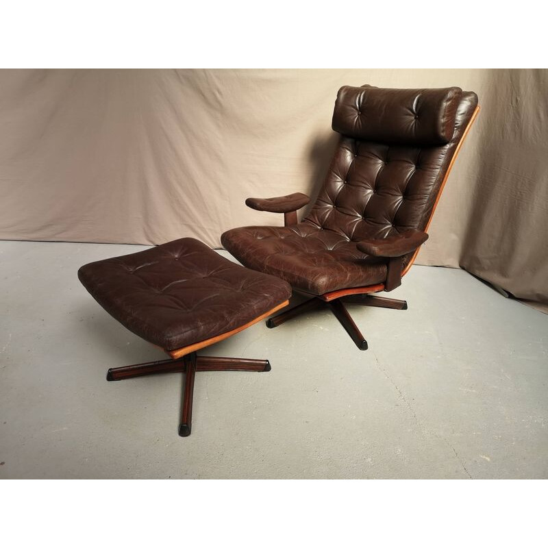 Vintage armchair and ottoman in leather Gote Mobel Nässjö Swedish 1970s