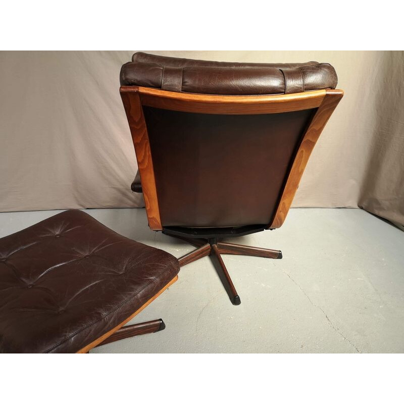 Vintage armchair and ottoman in leather Gote Mobel Nässjö Swedish 1970s