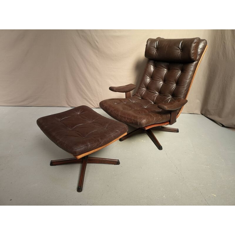 Vintage armchair and ottoman in leather Gote Mobel Nässjö Swedish 1970s