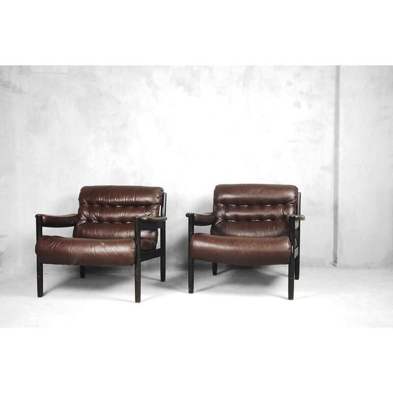 Ensemble de 2 fauteuils vintage cuir par Dux, Suède années 1970