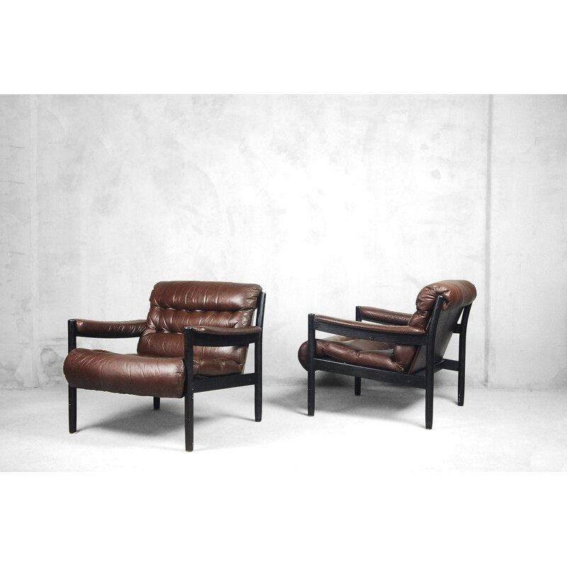 Ensemble de 2 fauteuils vintage cuir par Dux, Suède années 1970
