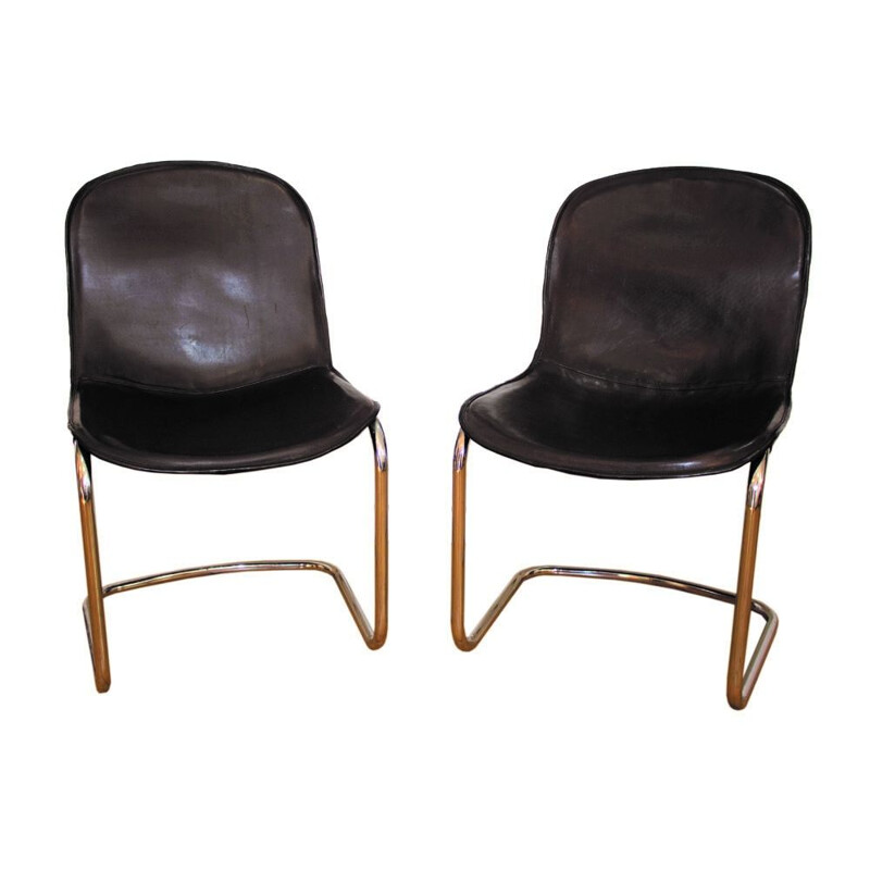 2 chaises à repas vintage en cuir de vache par Gastone Rinaldi, Italie,1960