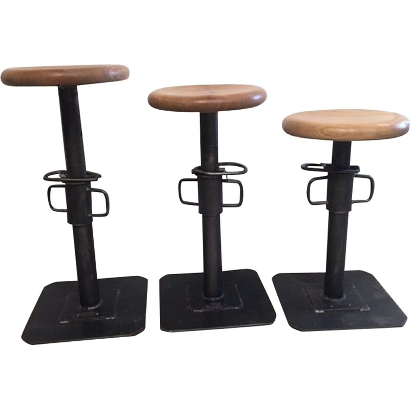 Set of 3 vintage stools industrial adjustable by Pezon 