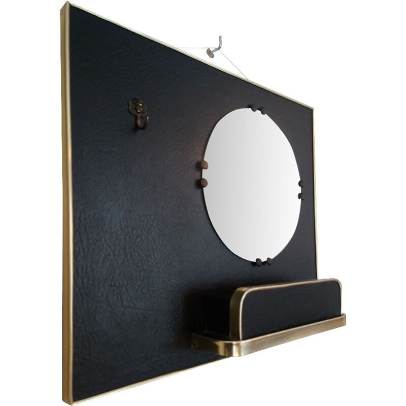 Miroir vintage en vynil noir et métal doré avec vide-poche et crochet 1960