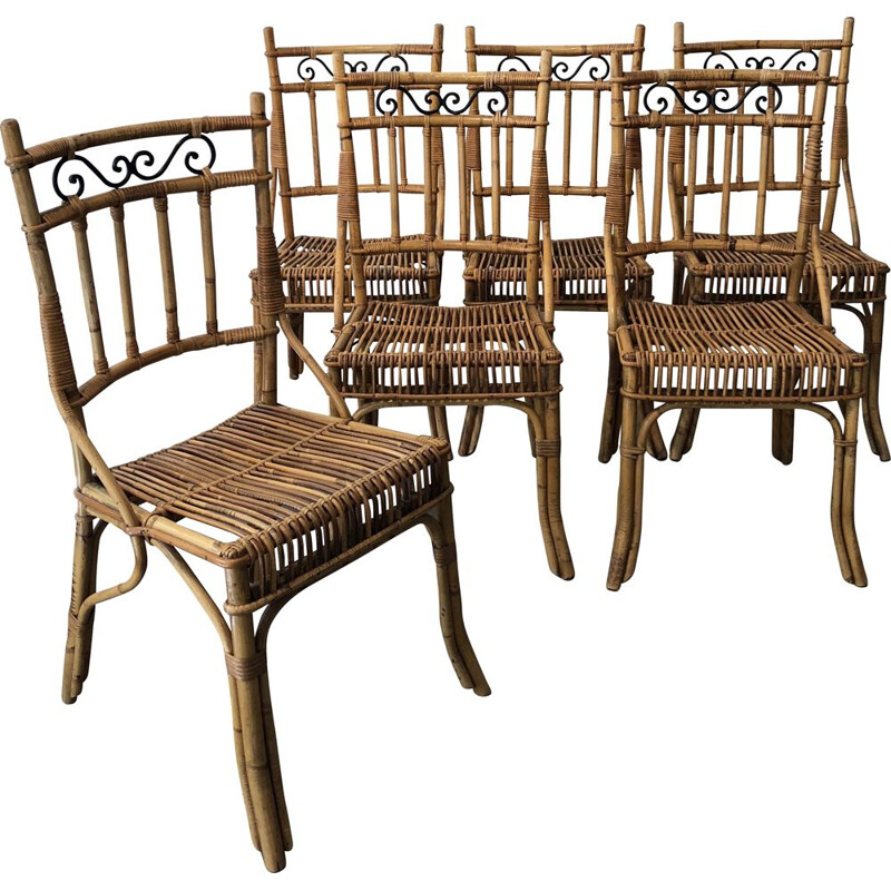 Set of 6 vintage chairs wicker and metal 
