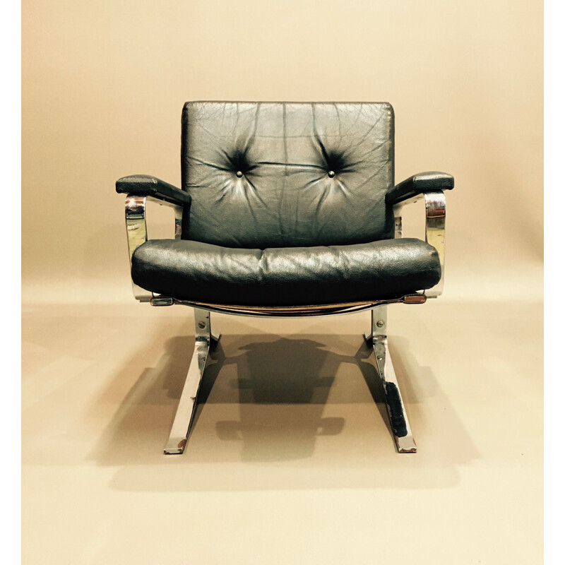 Vintage Armchair black leather and chrome 1960