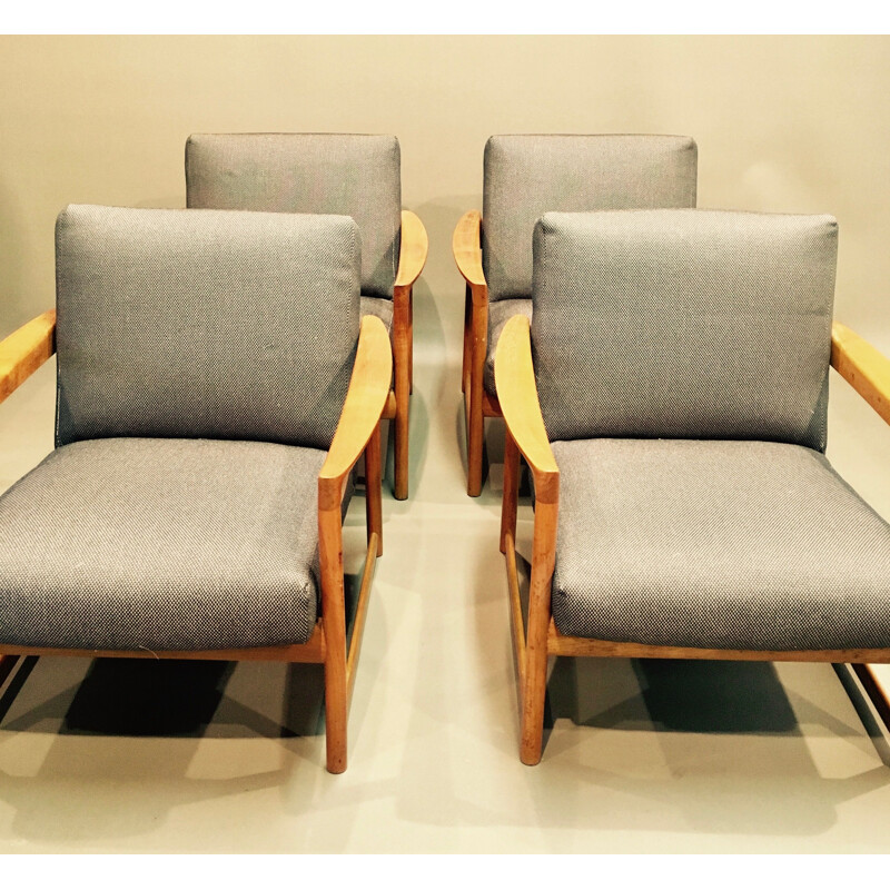 Set of 4 vintage armchairs in black and grey lining 1950 