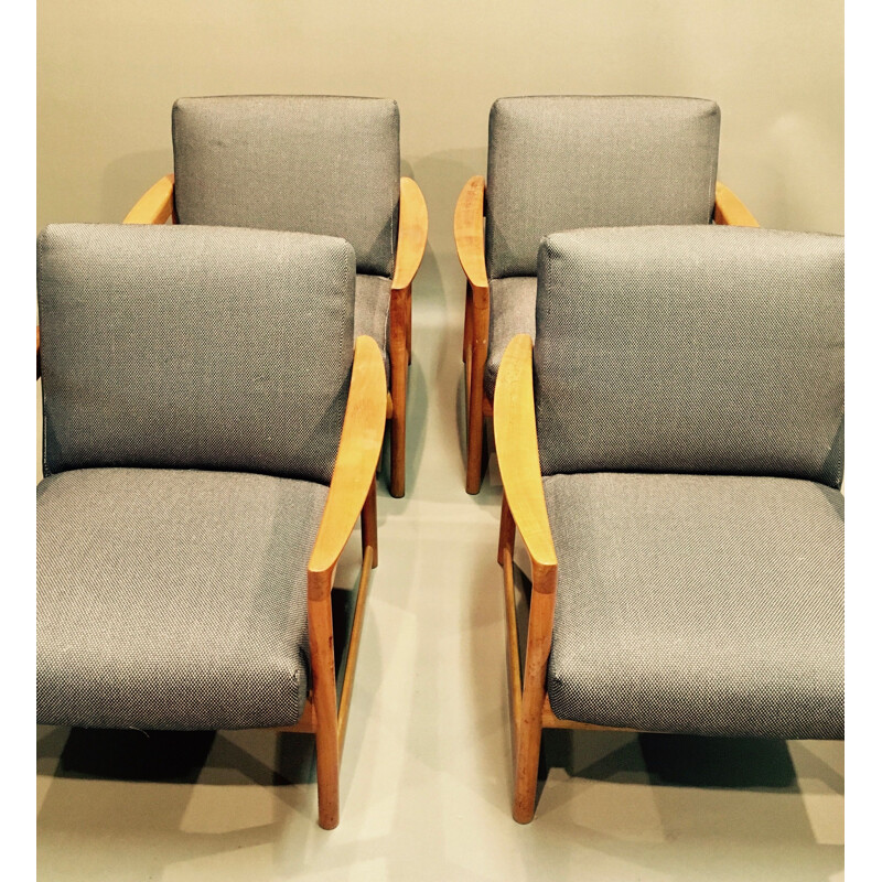 Set of 4 vintage armchairs in black and grey lining 1950 