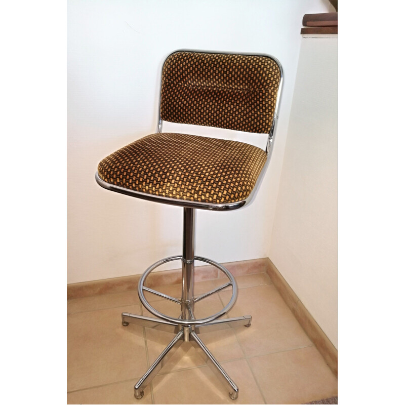 Vintage bar stool in chromed metal and velvet 1970 