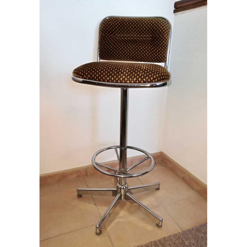 Vintage bar stool in chromed metal and velvet 1970 