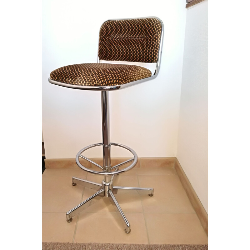 Vintage bar stool in chromed metal and velvet 1970 