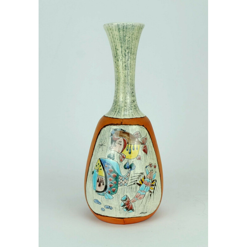 Vase vintage Italien en céramique recouvert de cuir peint à la main 1950