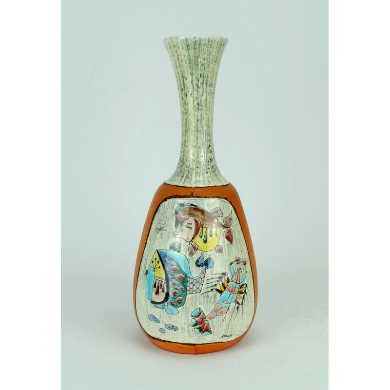 Vintage Italian ceramic vase leather covered hand painted 1950