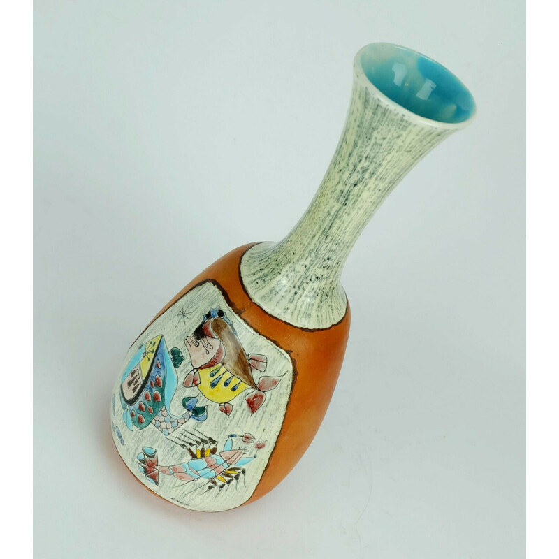 Vintage Italian ceramic vase leather covered hand painted 1950