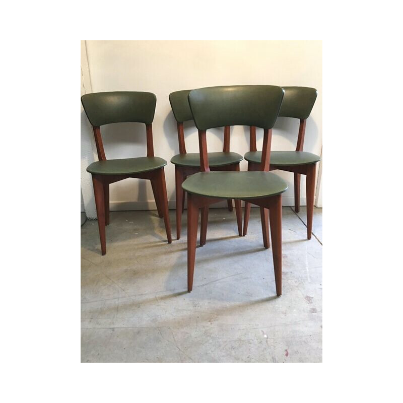 Set of 4 vintage chairs in wood and green leatherette 1960