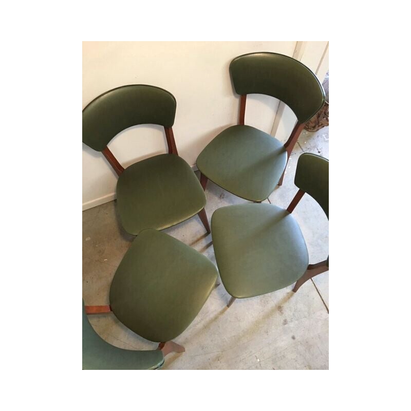 Ensemble de 4 chaises vintage en bois et skai vert 1960